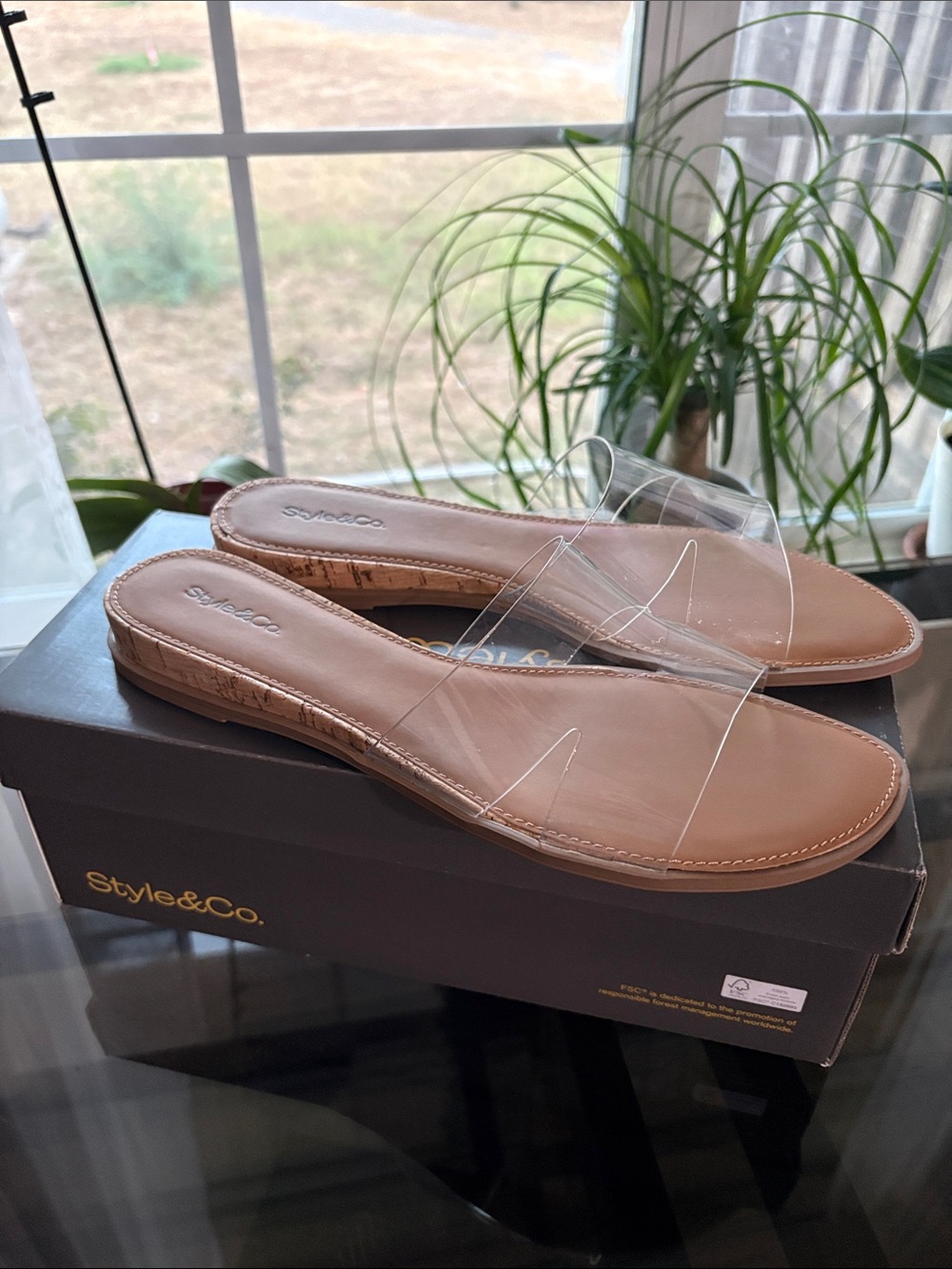 Style & Co. Tan Slide Sandals with Clear Vinyl Strap